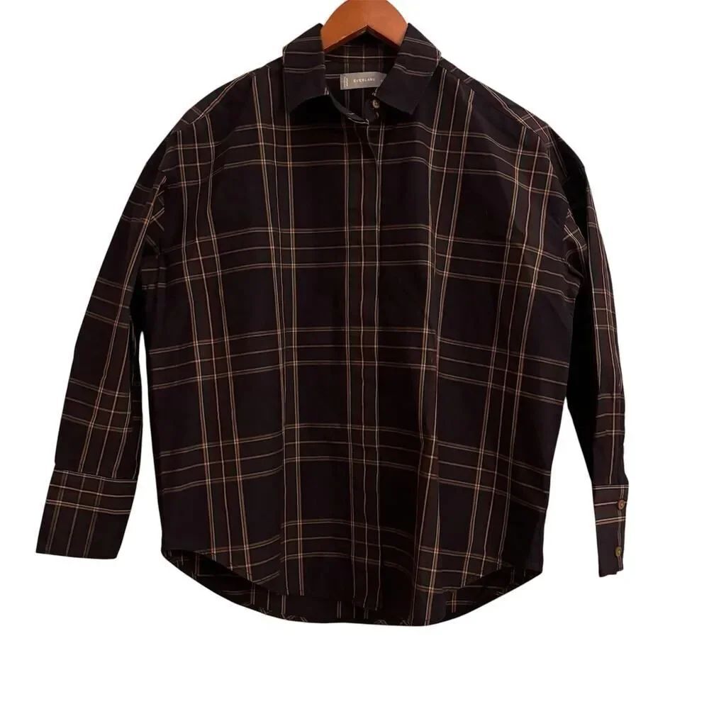 Everlane Plaid Button Down Shirt Brown Green Windowpane Cotton Women’s XXS